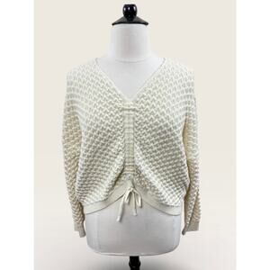 Molly Bracken Cream Textured V Neck Sweater with Front Cinch, Size XL